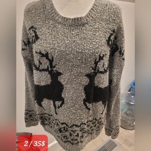 Women Festive Gray and Black Reindeer Sweater